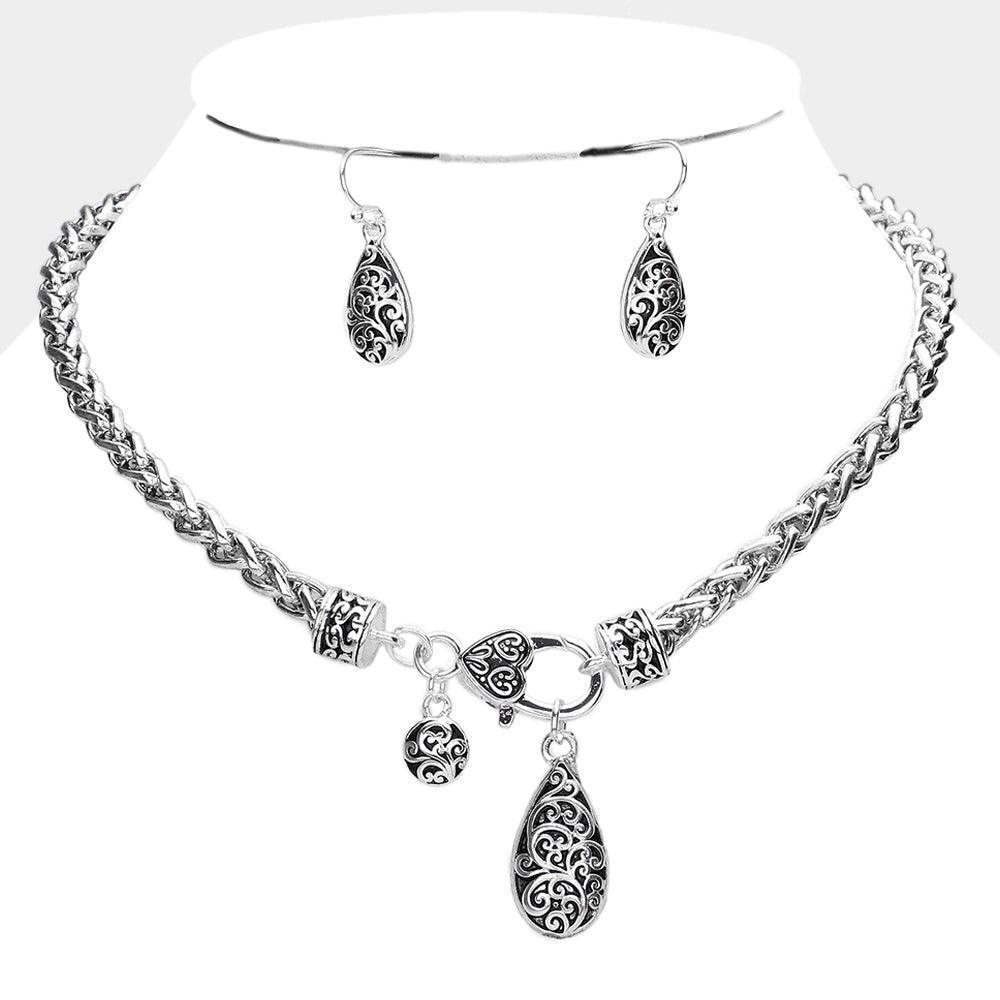Silver Embossed Antique Metal Textured Teardrop Pendant Necklace - Jewelry Store by Erik Rayo