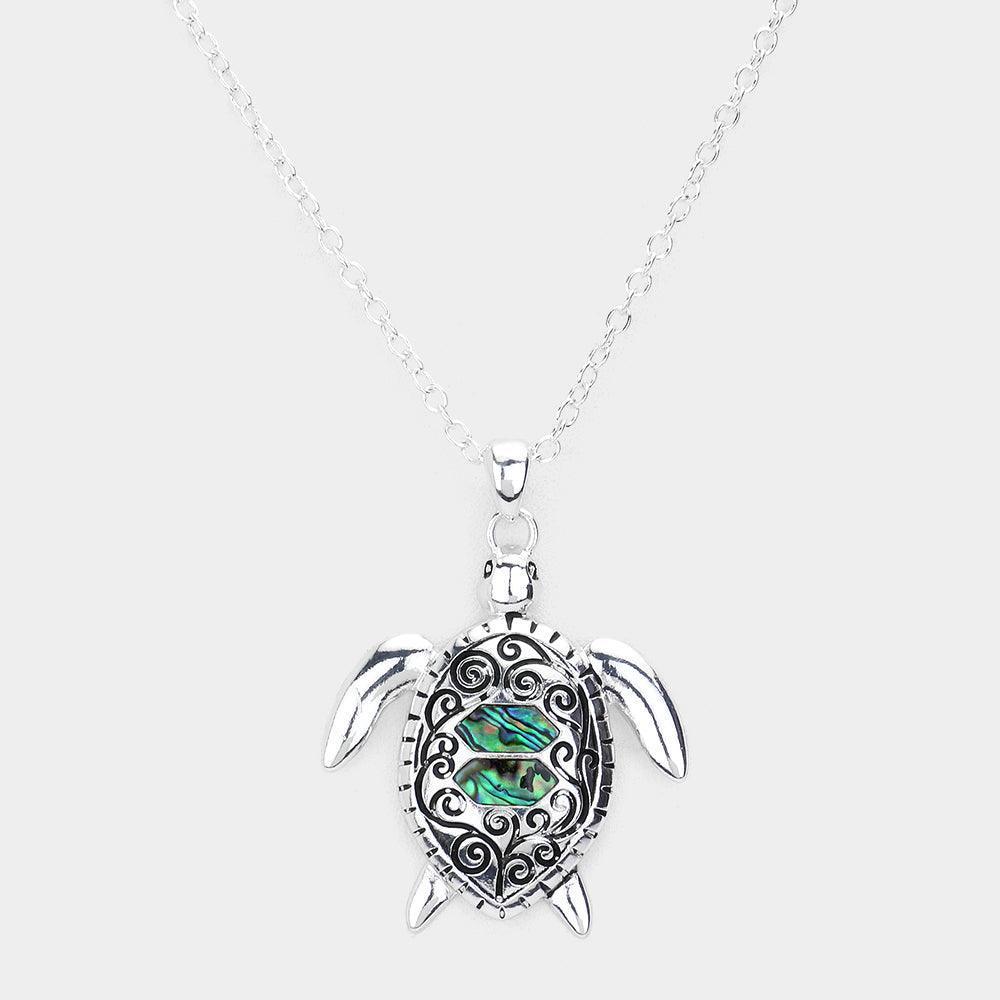 Silver Antique Metal Abalone Sea Turtle Pendant Necklace - Jewelry Store by Erik Rayo