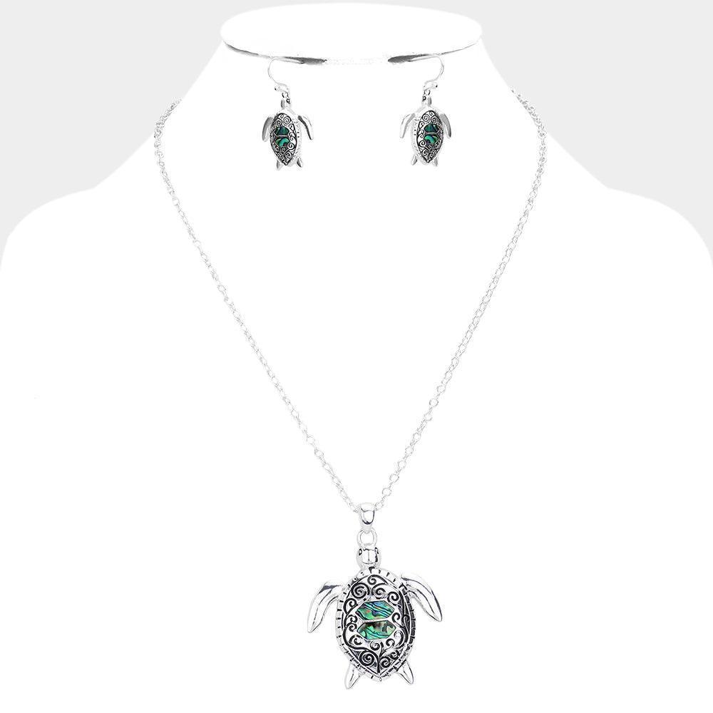 Silver Antique Metal Abalone Sea Turtle Pendant Necklace - Jewelry Store by Erik Rayo