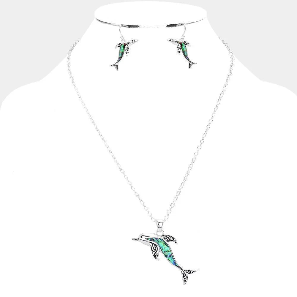 Silver Antique Metal Abalone Dolphin Pendant Necklace - Jewelry Store by Erik Rayo