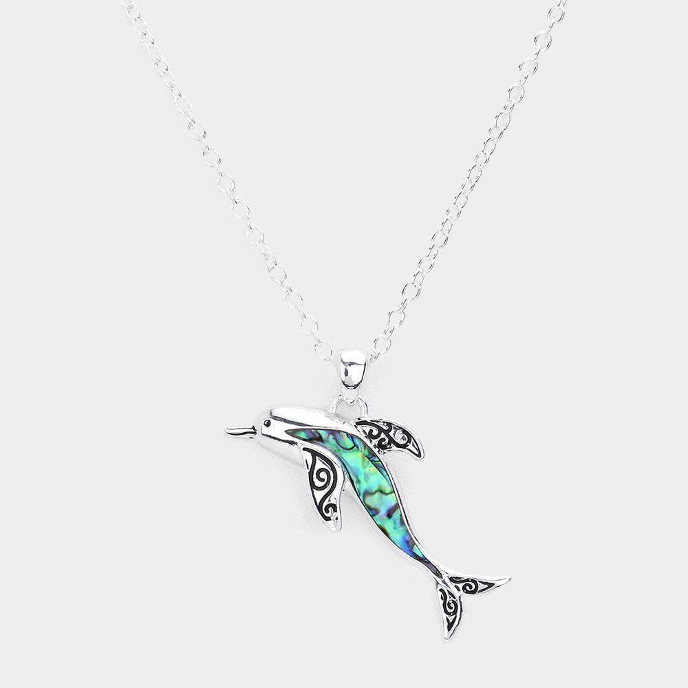 Silver Antique Metal Abalone Dolphin Pendant Necklace - Jewelry Store by Erik Rayo
