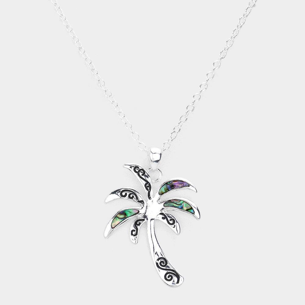 Silver Antique Metal Abalone Palm Tree Pendant Necklace - Jewelry Store by Erik Rayo