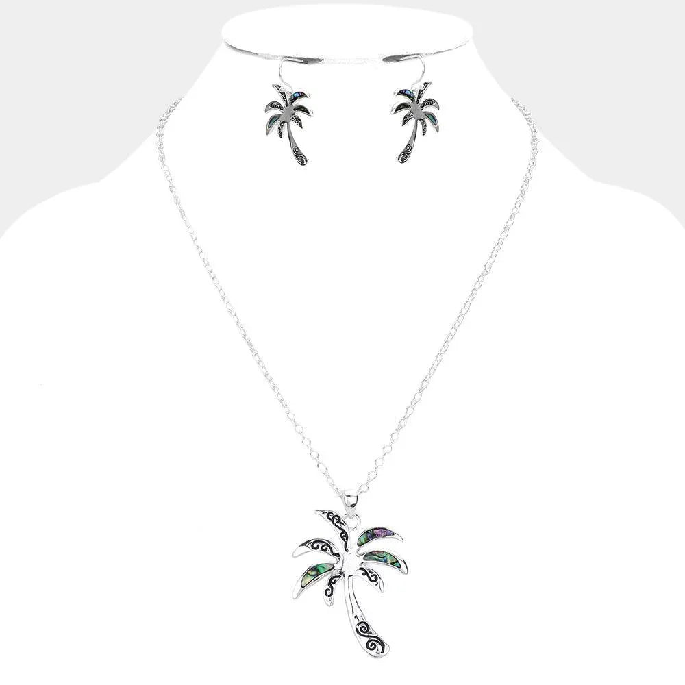 Silver Antique Metal Abalone Palm Tree Pendant Necklace - Jewelry Store by Erik Rayo