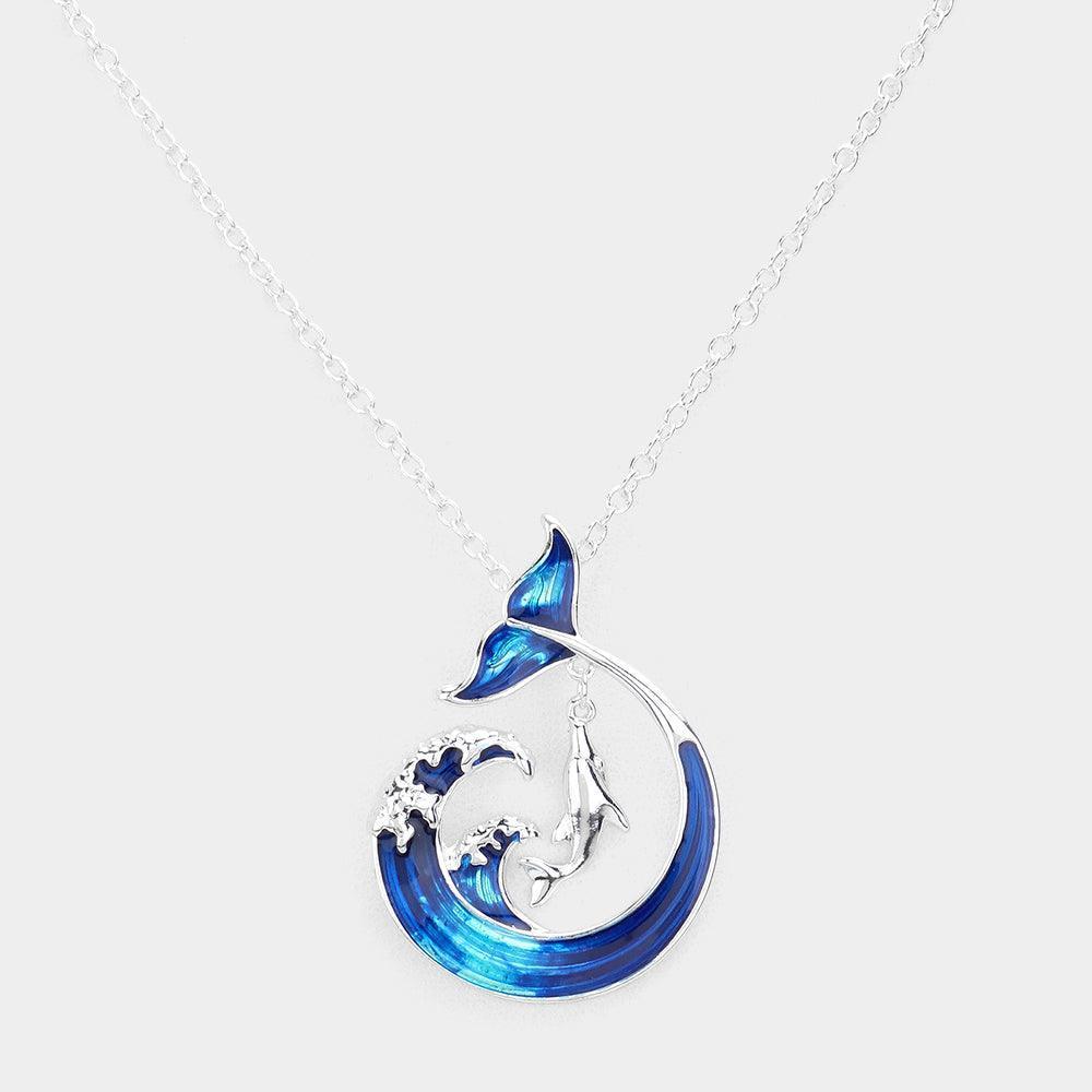 Silver Antique Metal Enamel Wave Dolphin Pendant Necklace - Jewelry Store by Erik Rayo