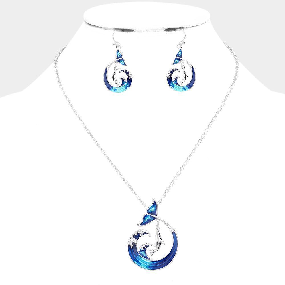 Silver Antique Metal Enamel Wave Dolphin Pendant Necklace - Jewelry Store by Erik Rayo