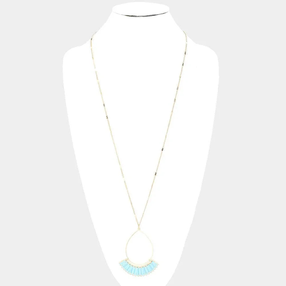 Turquoise Wrapped Thread Open Metal Teardrop Pendant Long Necklace - Jewelry Store by Erik Rayo