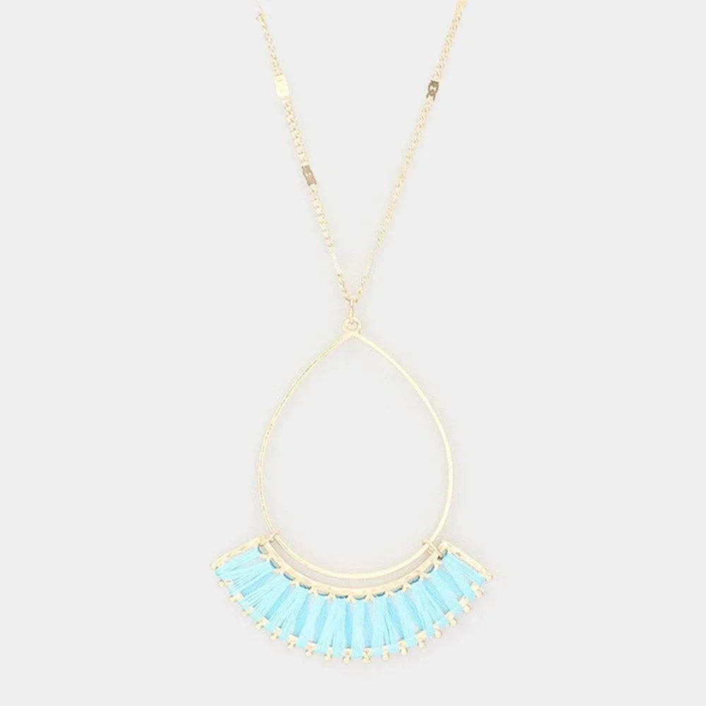 Turquoise Wrapped Thread Open Metal Teardrop Pendant Long Necklace - Jewelry Store by Erik Rayo