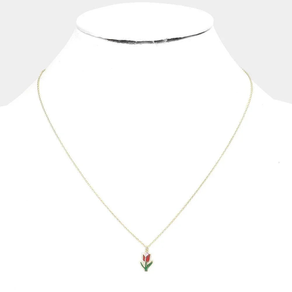 Gold Brass Metal Enamel Tulip Flower Pendant Necklace - Jewelry Store by Erik Rayo
