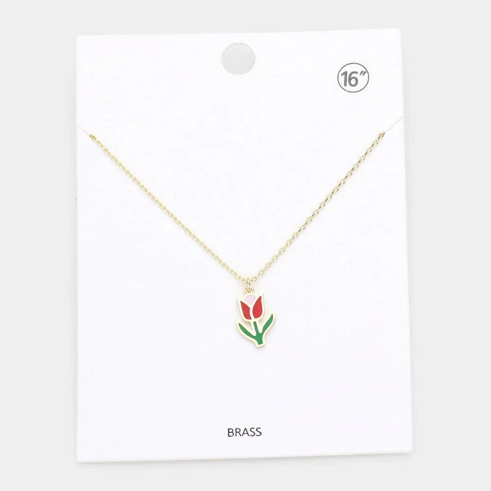 Gold Brass Metal Enamel Tulip Flower Pendant Necklace - Jewelry Store by Erik Rayo