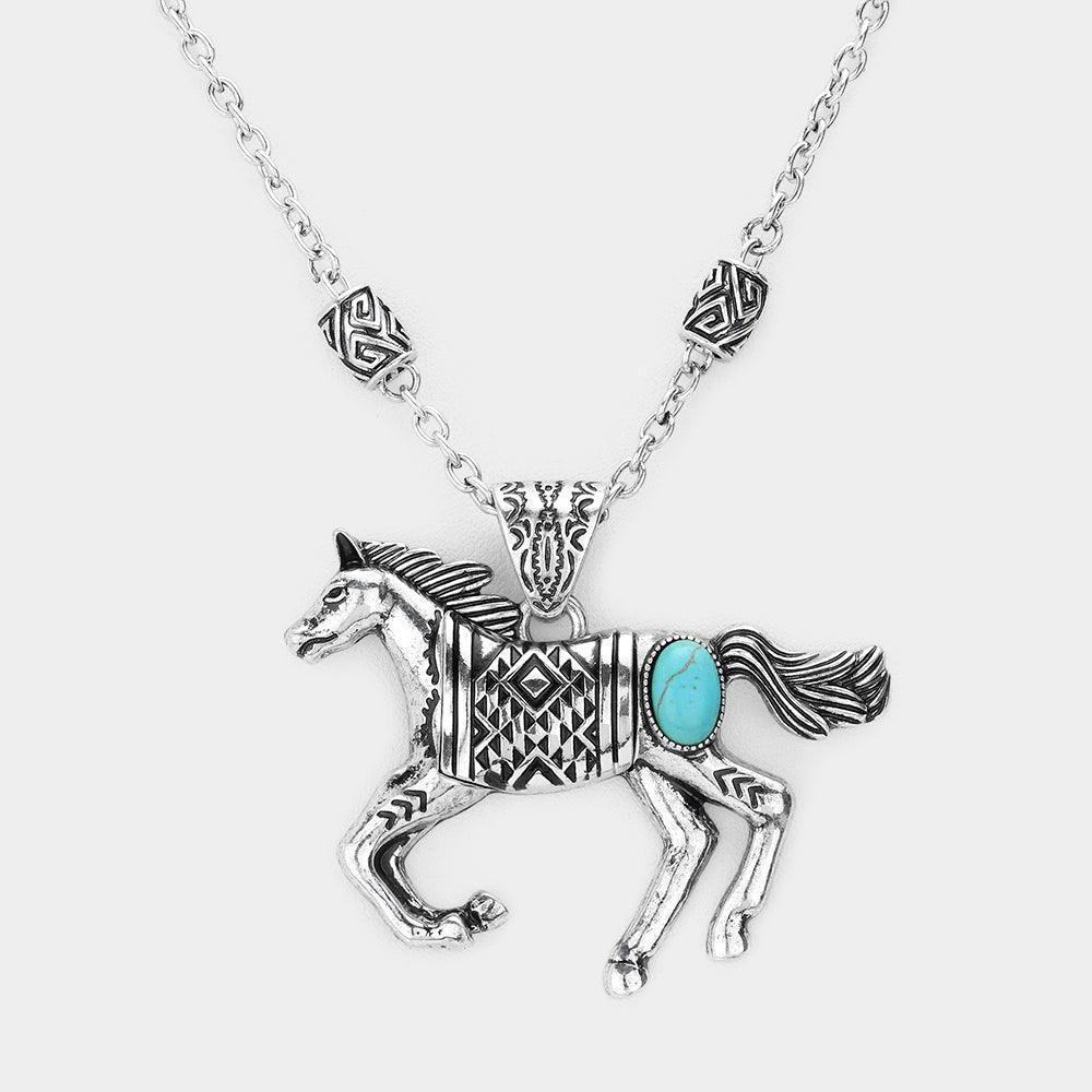 Silver Western Turquoise Stone Accented Vintage Horse Pendant Necklace - Jewelry Store by Erik Rayo