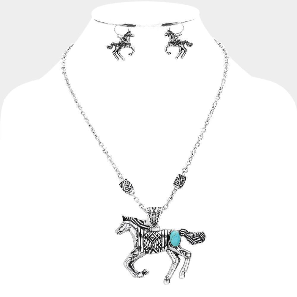 Silver Western Turquoise Stone Accented Vintage Horse Pendant Necklace - Jewelry Store by Erik Rayo