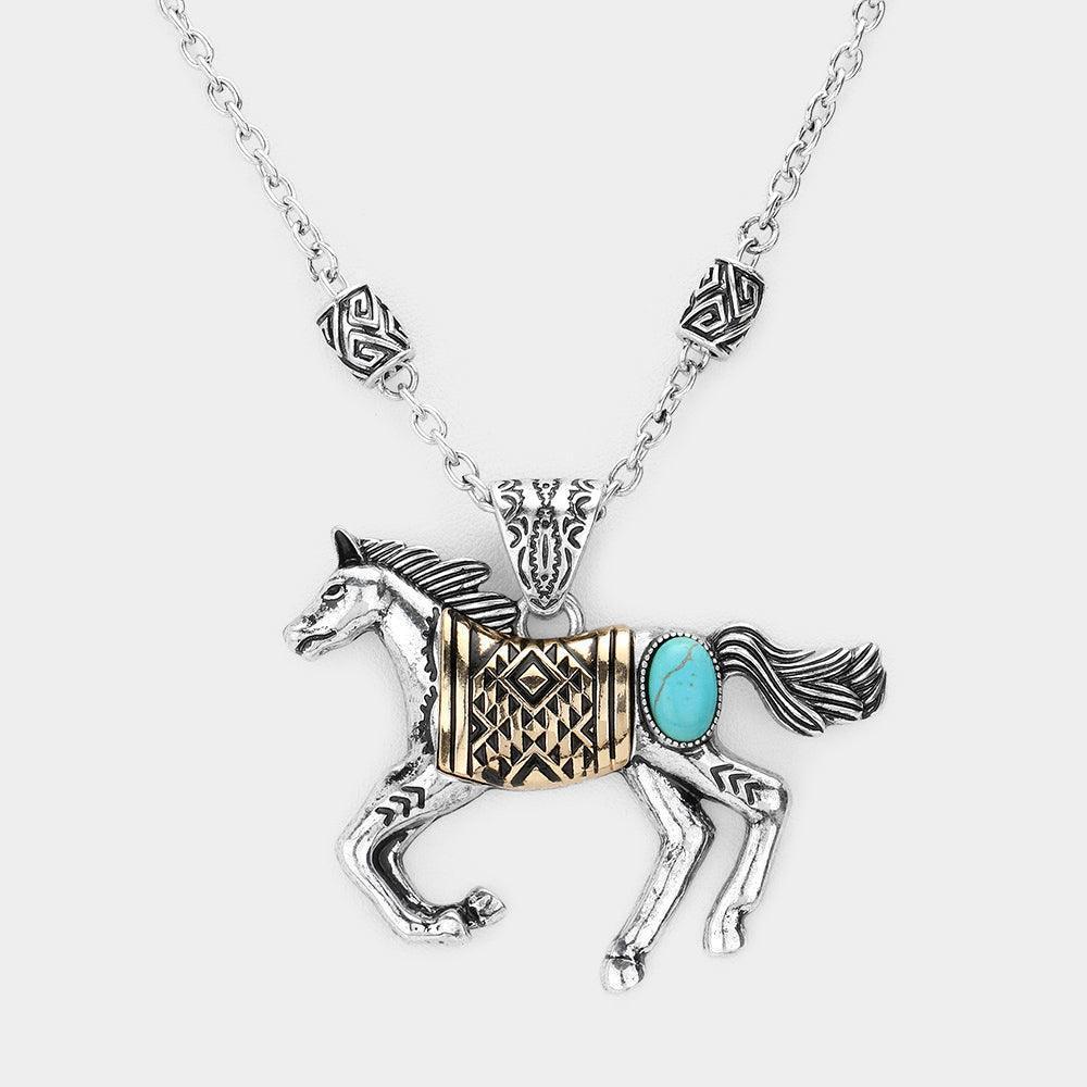 Two Tone Western Turquoise Stone Accented Vintage Horse Pendant Necklace - Jewelry Store by Erik Rayo