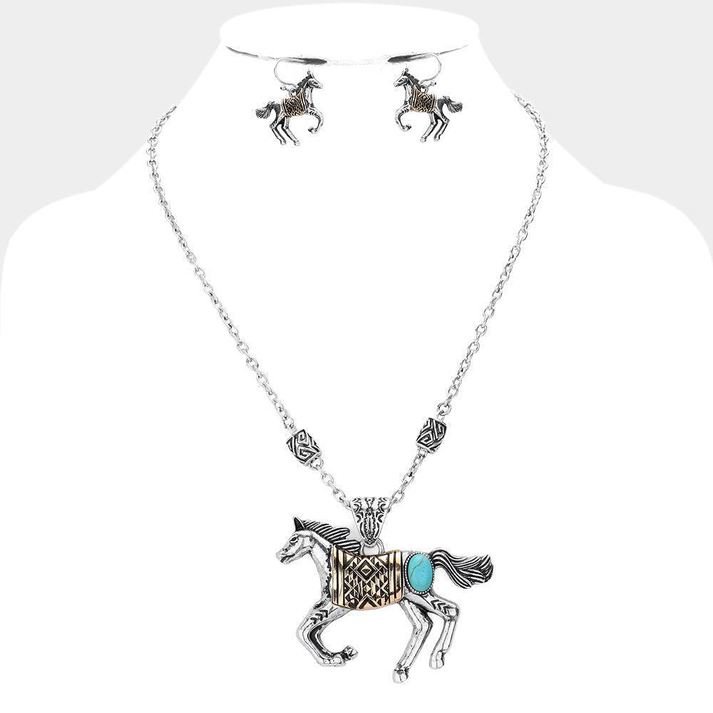 Two Tone Western Turquoise Stone Accented Vintage Horse Pendant Necklace - Jewelry Store by Erik Rayo