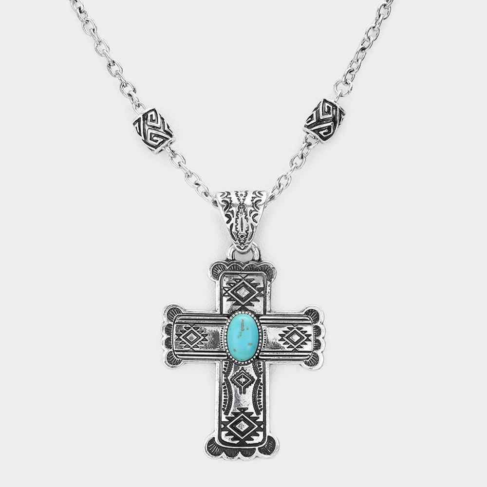 Silver Western Turquoise Stone Accented Vintage Cross Pendant Necklace - Jewelry Store by Erik Rayo