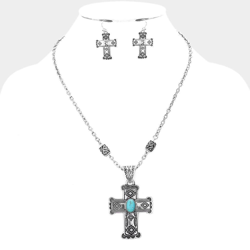 Silver Western Turquoise Stone Accented Vintage Cross Pendant Necklace