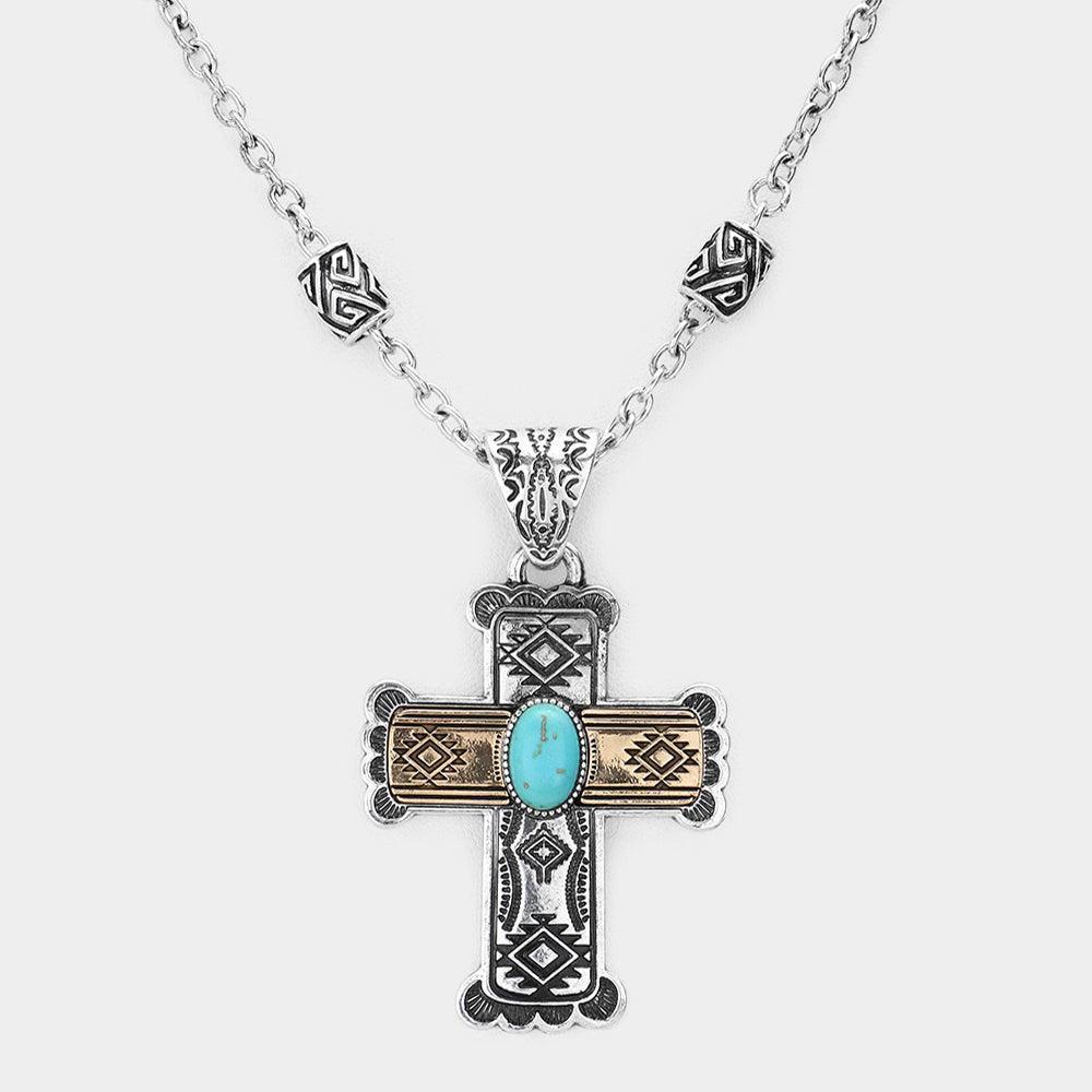 Two Tone Western Turquoise Stone Accented Vintage Cross Pendant Necklace - Jewelry Store by Erik Rayo