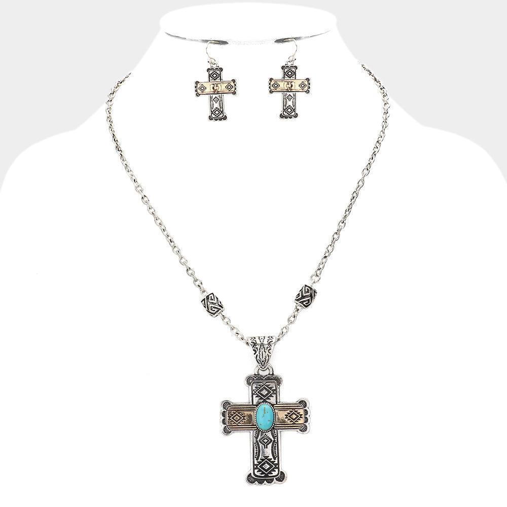 Two Tone Western Turquoise Stone Accented Vintage Cross Pendant Necklace - Jewelry Store by Erik Rayo