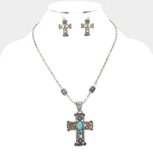 Load image into Gallery viewer, Two Tone Western Turquoise Stone Accented Vintage Cross Pendant Necklace
