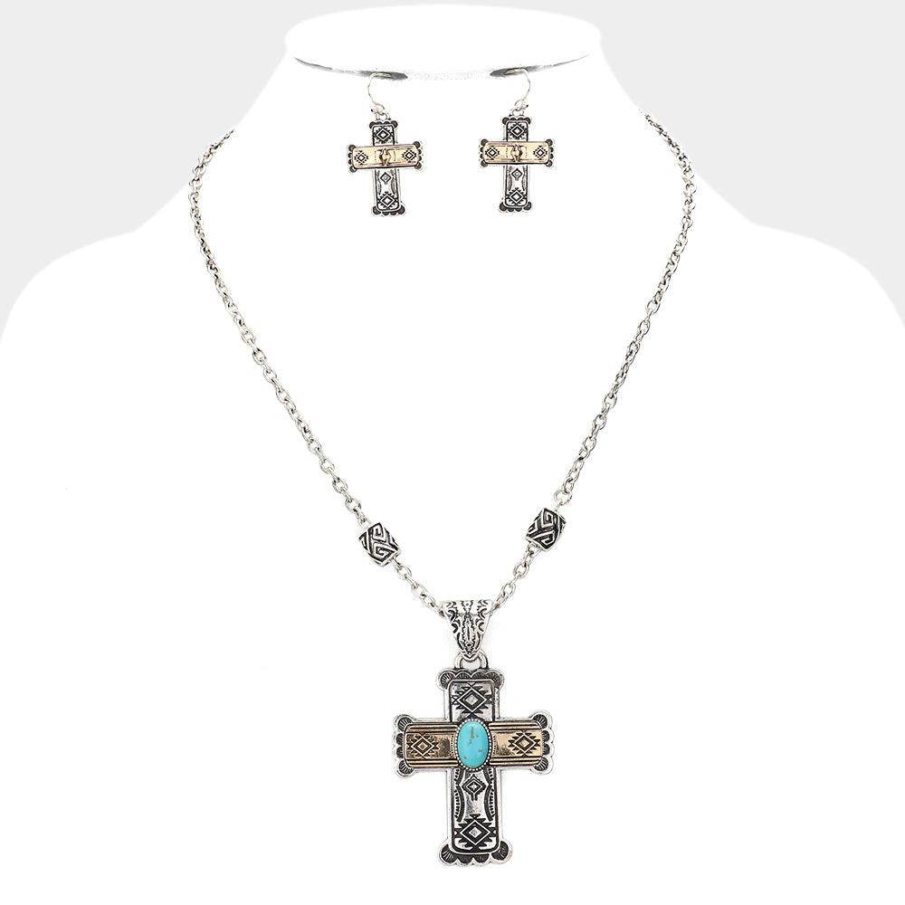 Two Tone Western Turquoise Stone Accented Vintage Cross Pendant Necklace