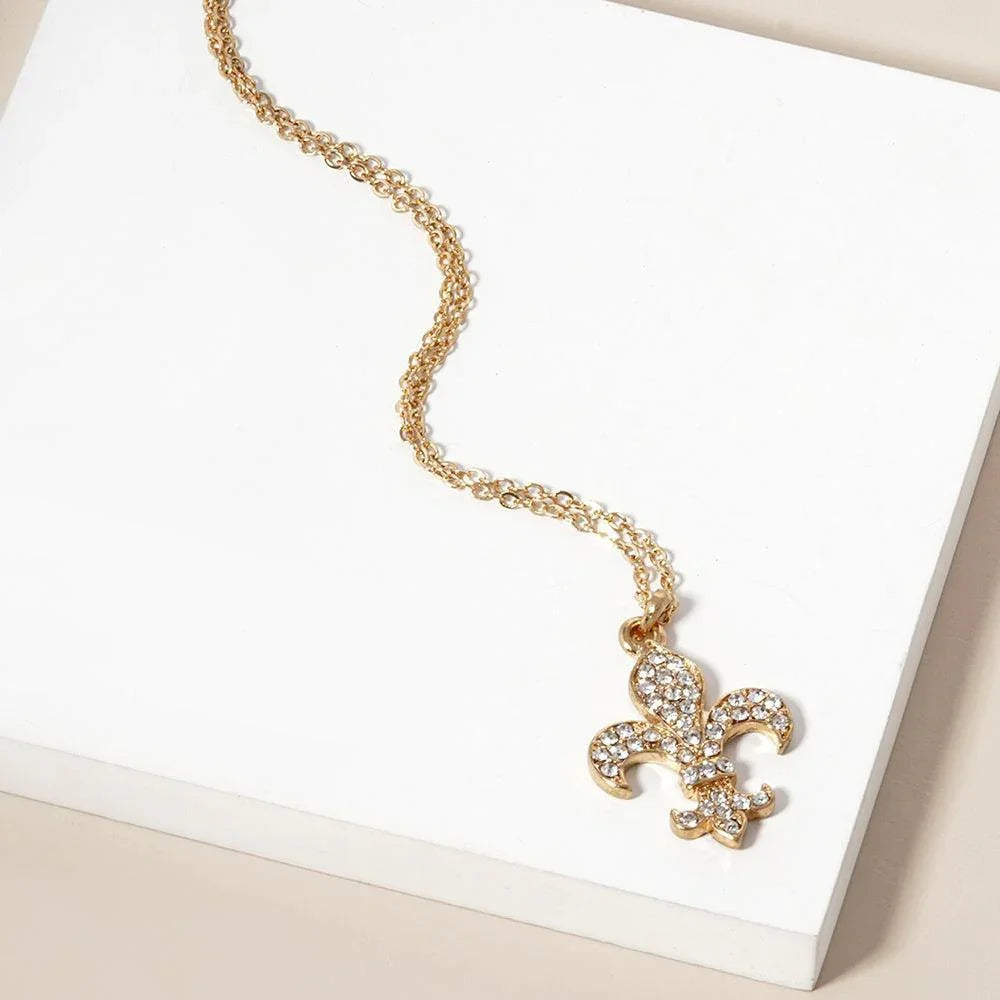 Gold Stone Paved Fleur de Lis Pendant Necklace - Jewelry Store by Erik Rayo