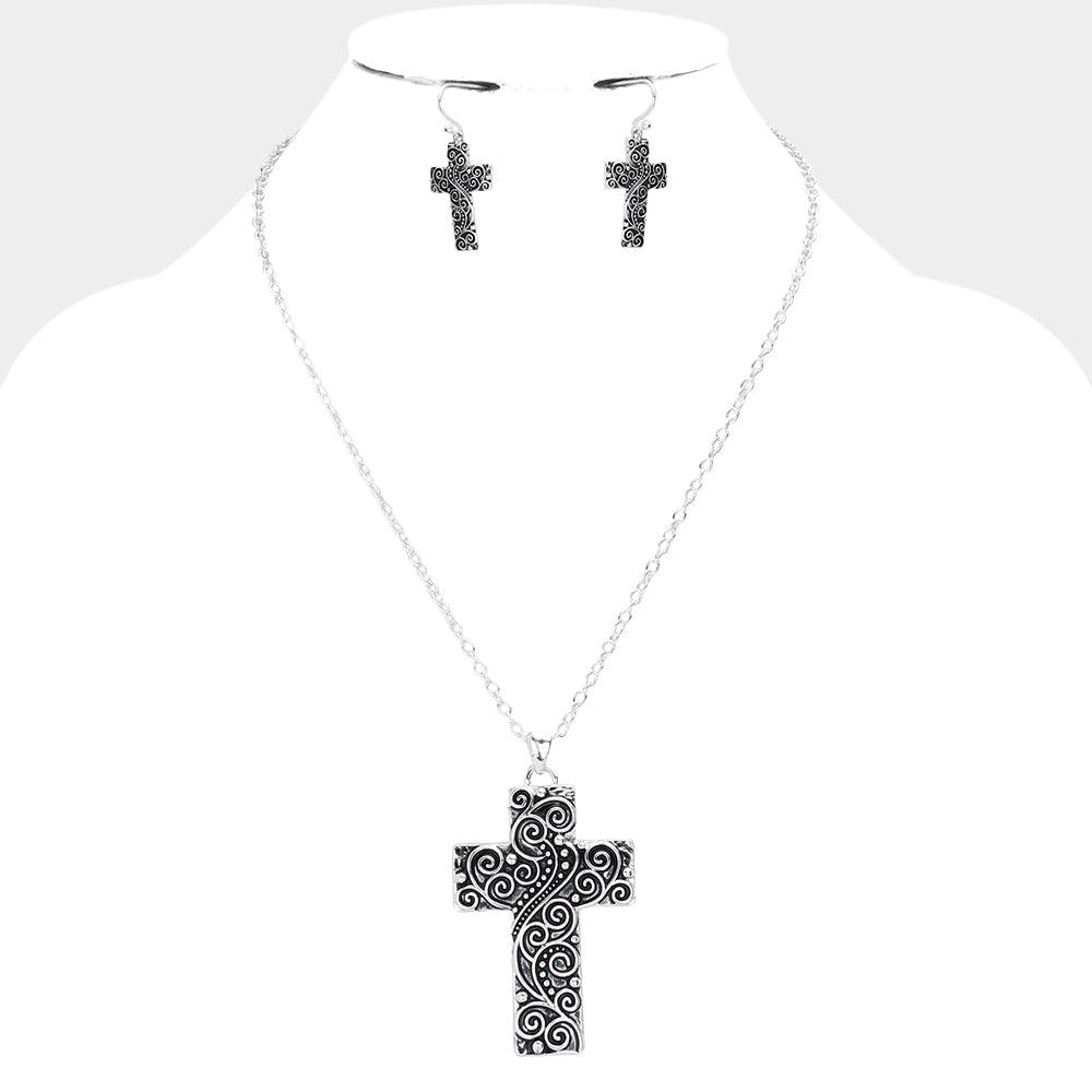 Silver Antique Metal Western Cross Pendant Necklace