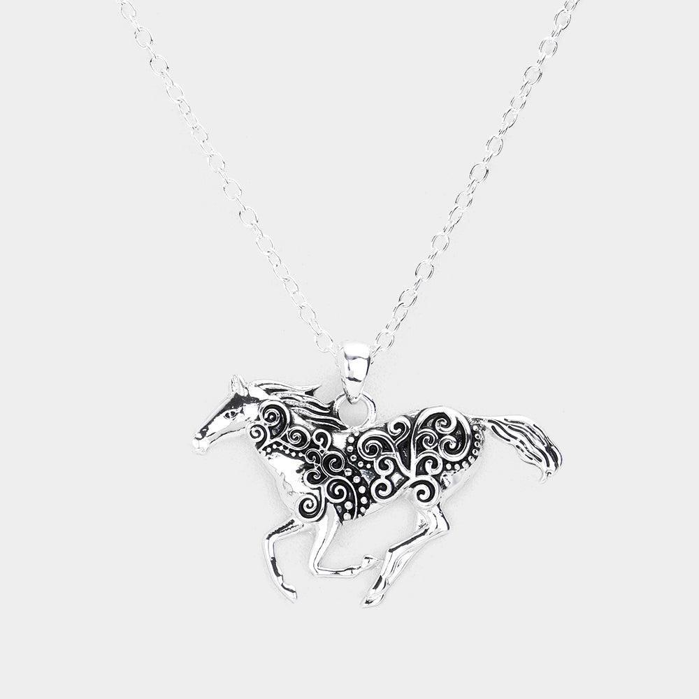 Silver Antique Metal Western Horse Pendant Necklace - Jewelry Store by Erik Rayo
