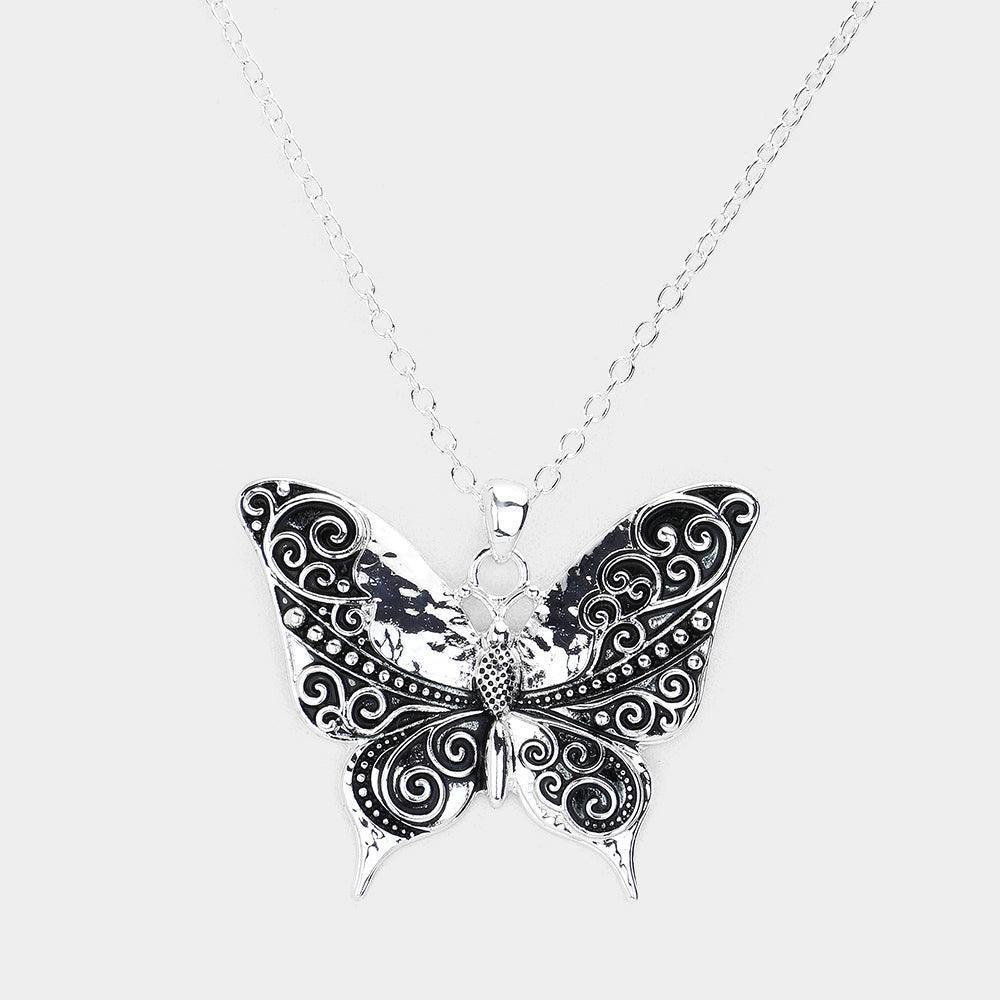 Silver Antique Metal Western Butterfly Pendant Necklace - Jewelry Store by Erik Rayo