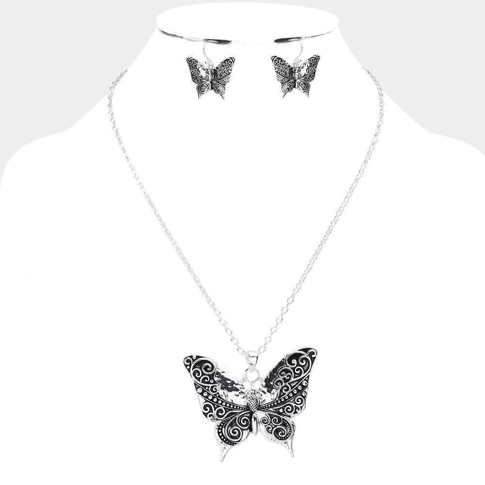Silver Antique Metal Western Butterfly Pendant Necklace - Jewelry Store by Erik Rayo