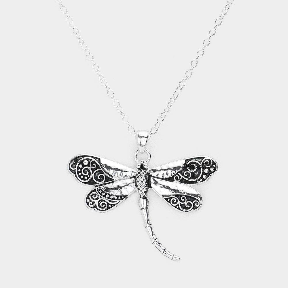 Silver Antique Metal Western Dragonfly Pendant Necklace - Jewelry Store by Erik Rayo