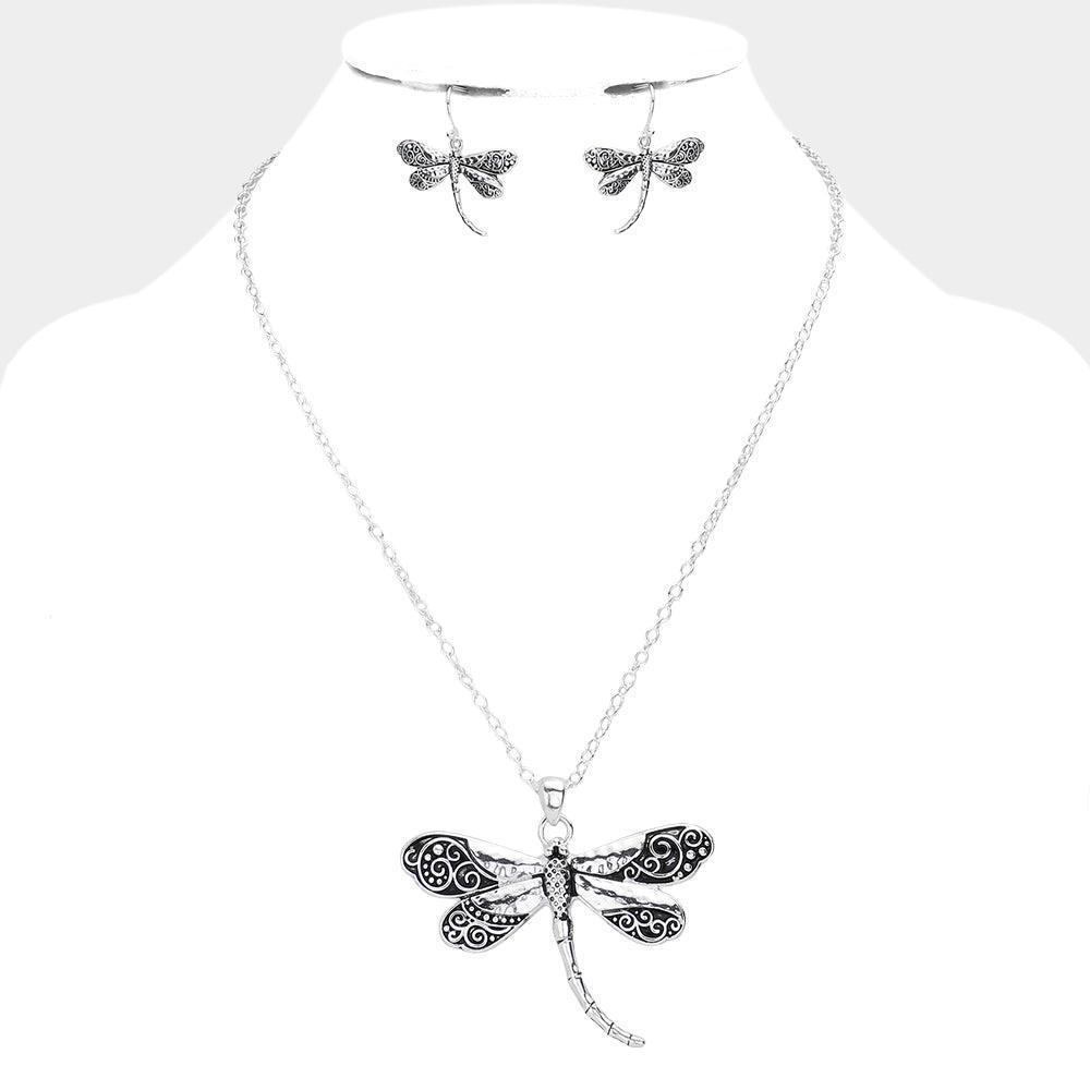 Silver Antique Metal Western Dragonfly Pendant Necklace - Jewelry Store by Erik Rayo