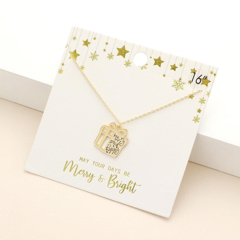 Gold Merry and Happy Message Metal Christmas Gift Pendant Necklace - Jewelry Store by Erik Rayo