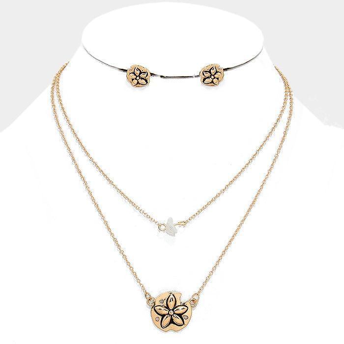 White Double layer metal sand dollar & natural stone pendant necklace - Jewelry Store by Erik Rayo