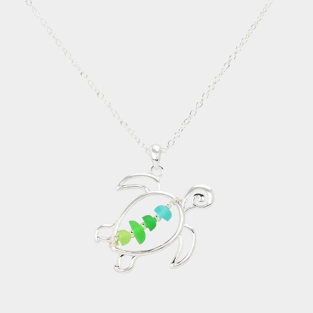 Silver Bean Beads Accented Metal Wire Sea Turtle Pendant Necklace - Jewelry Store by Erik Rayo