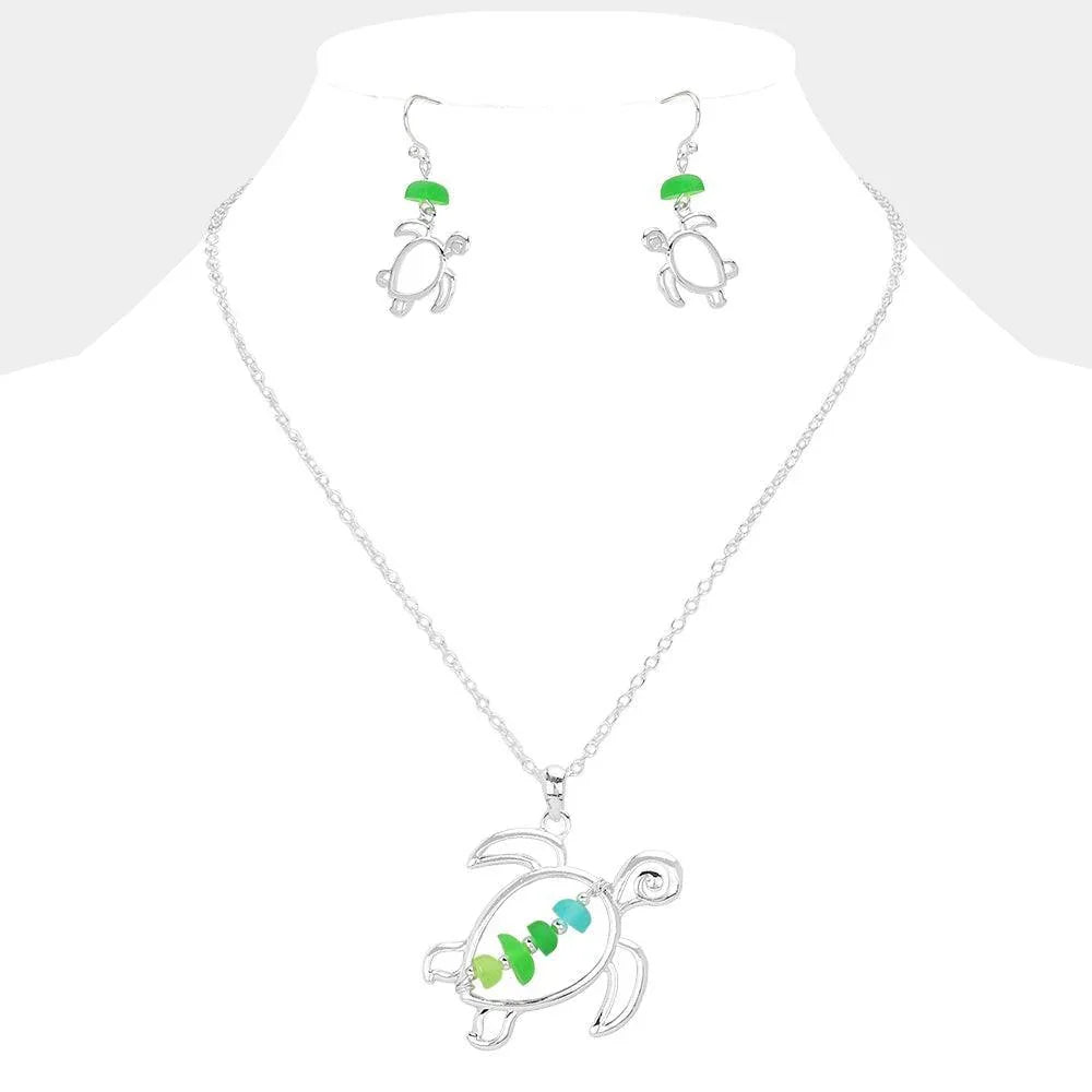 Silver Bean Beads Accented Metal Wire Sea Turtle Pendant Necklace - Jewelry Store by Erik Rayo