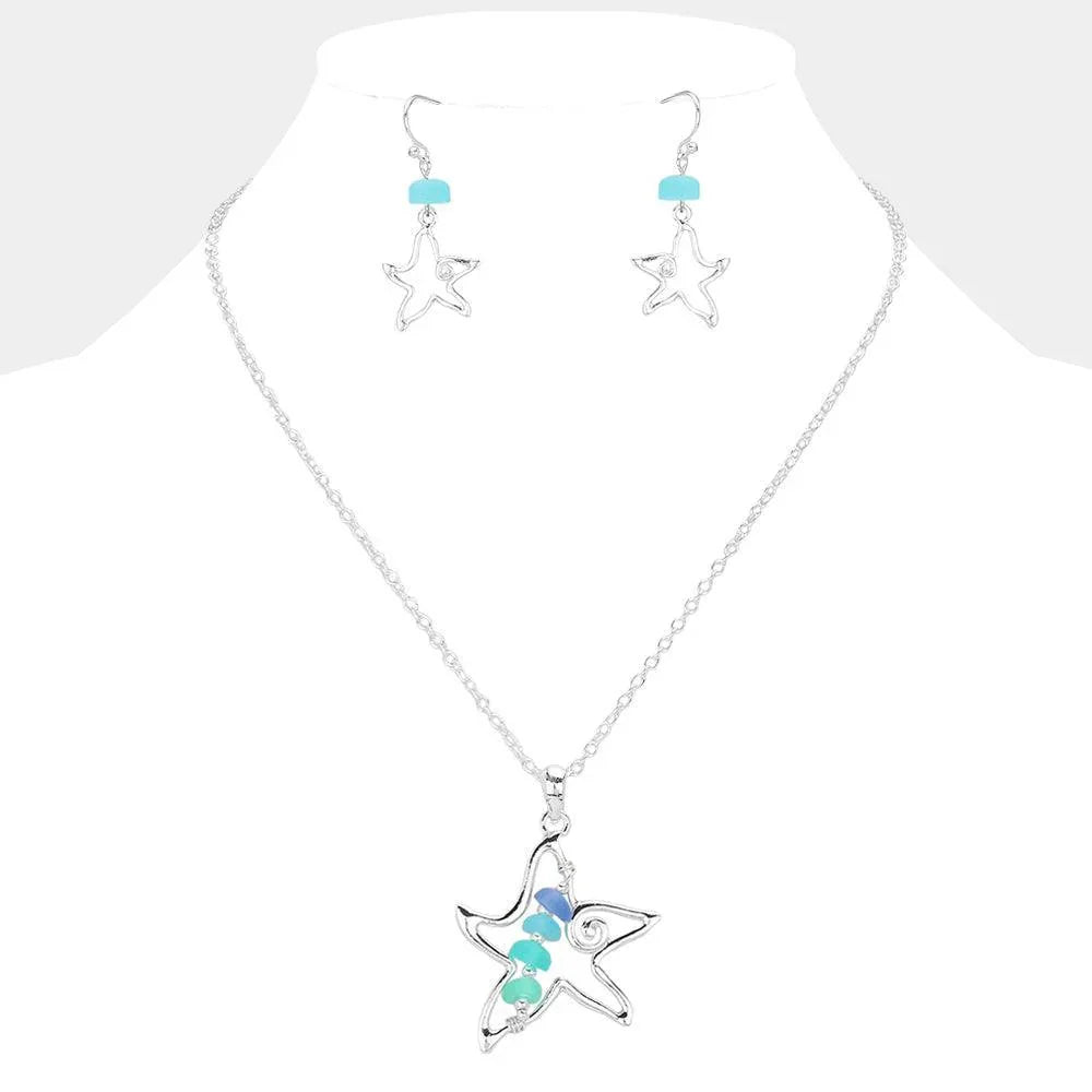 Silver Bean Beads Accented Metal Wire Starfish Pendant Necklace - Jewelry Store by Erik Rayo