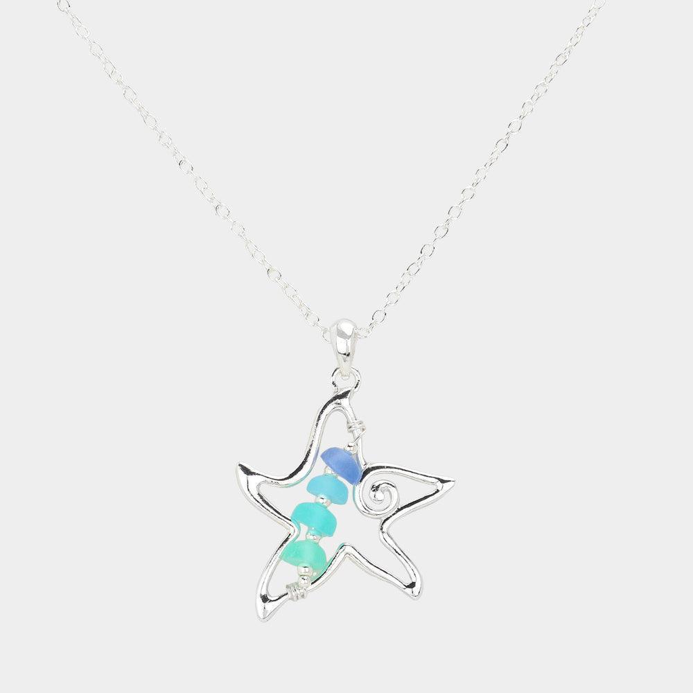 Silver Bean Beads Accented Metal Wire Starfish Pendant Necklace - Jewelry Store by Erik Rayo