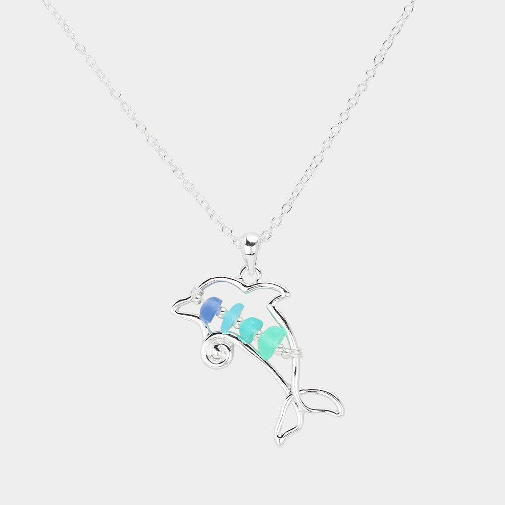 Silver Bean Beads Accented Metal Wire Dolphin Pendant Necklace - Jewelry Store by Erik Rayo