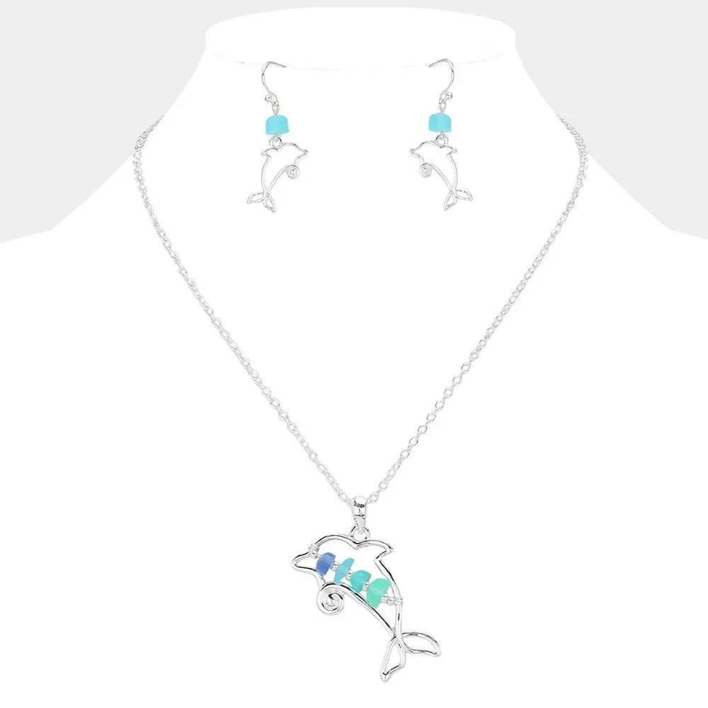Silver Bean Beads Accented Metal Wire Dolphin Pendant Necklace - Jewelry Store by Erik Rayo