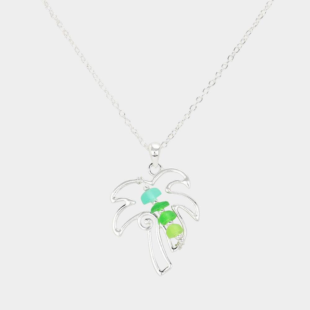 Silver Bean Beads Accented Metal Wire Palm Tree Pendant Necklace - Jewelry Store by Erik Rayo