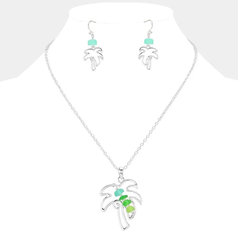 Silver Bean Beads Accented Metal Wire Palm Tree Pendant Necklace - Jewelry Store by Erik Rayo