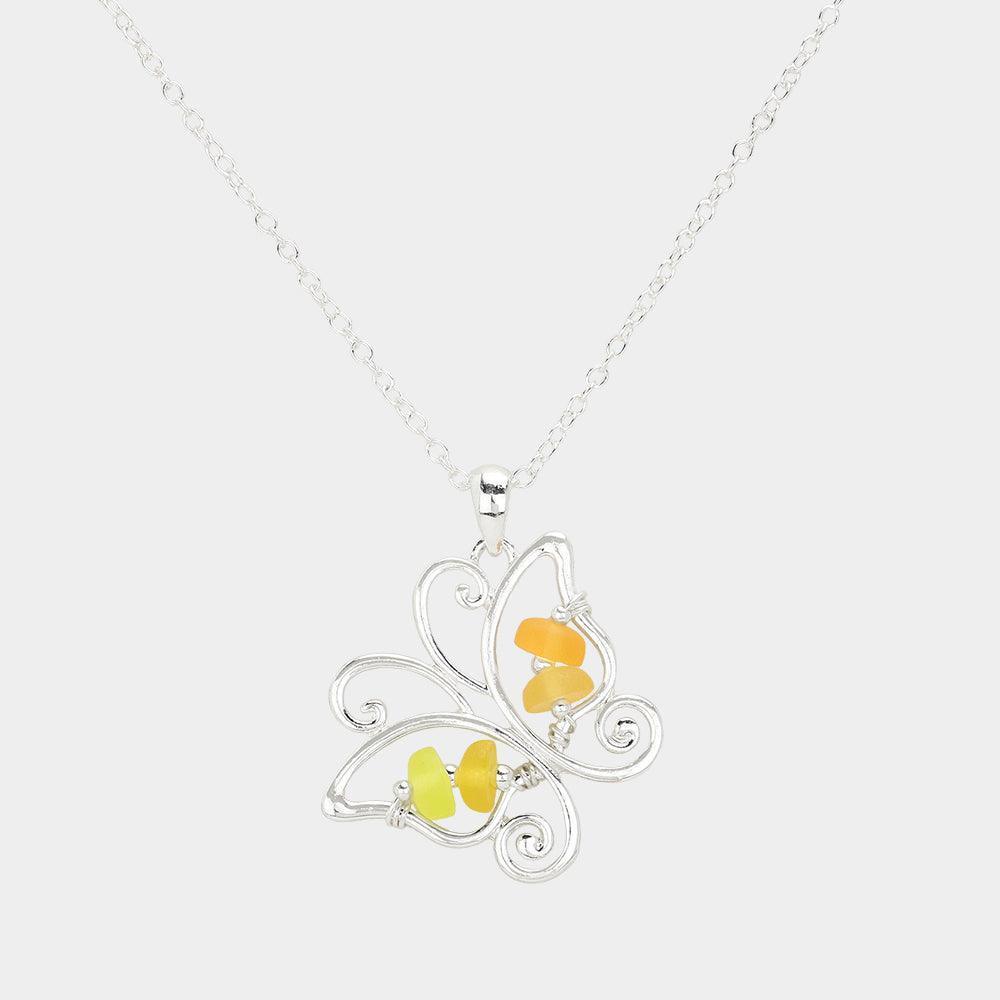 Silver Bean Beads Accented Metal Wire Butterfly Pendant Necklace - Jewelry Store by Erik Rayo