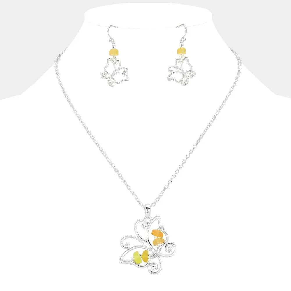 Silver Bean Beads Accented Metal Wire Butterfly Pendant Necklace - Jewelry Store by Erik Rayo