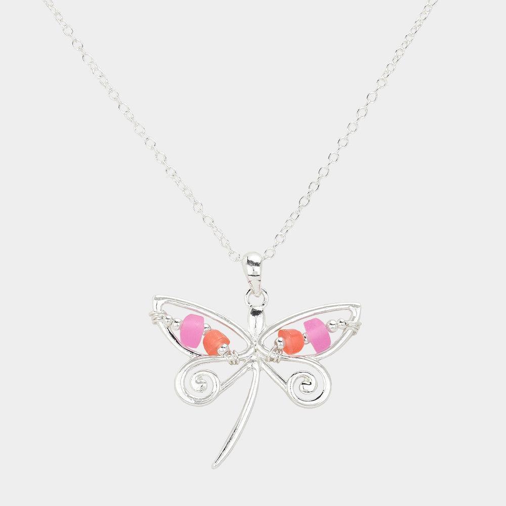 Silver Bean Beads Accented Metal Wire Dragonfly Turtle Pendant Necklace - Jewelry Store by Erik Rayo