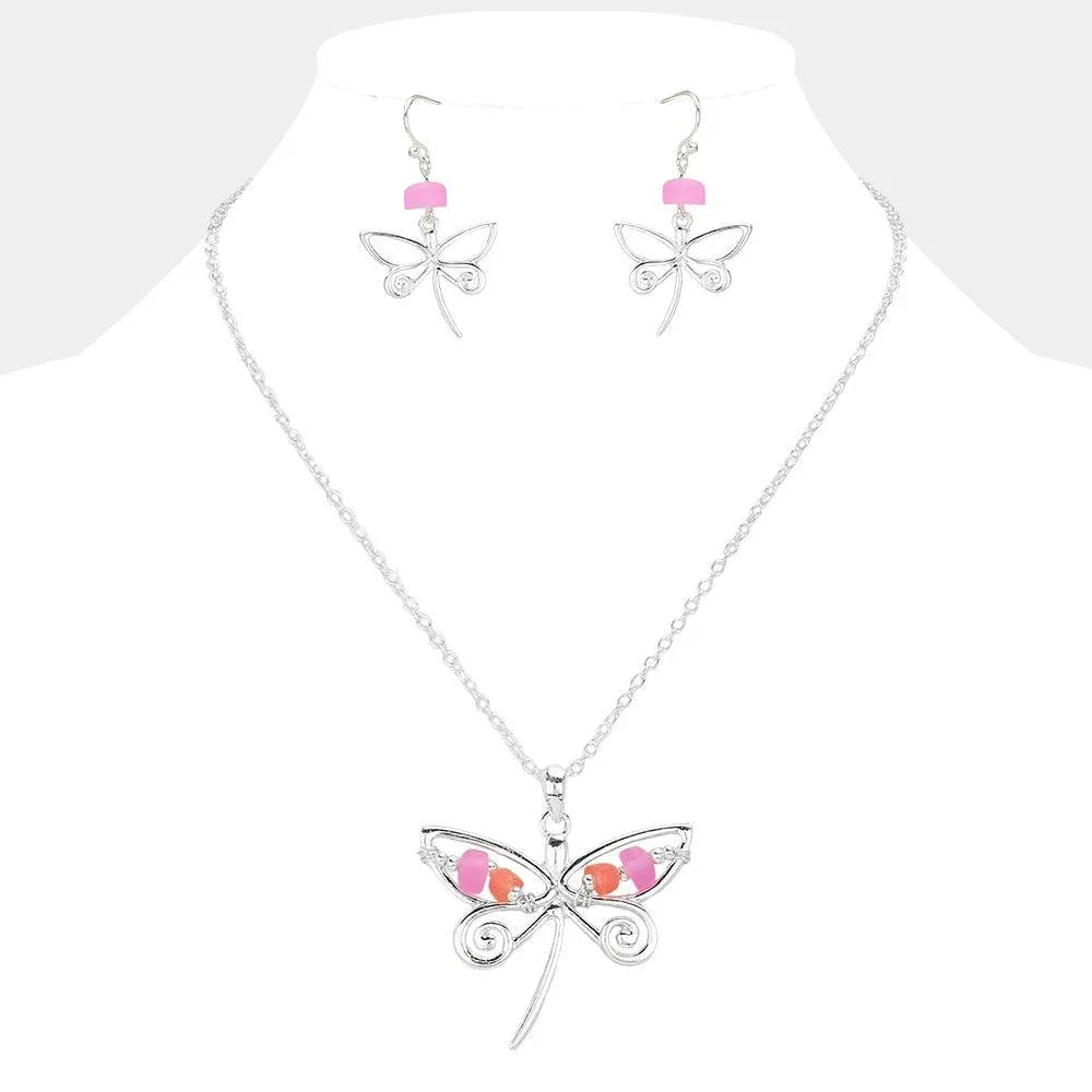 Silver Bean Beads Accented Metal Wire Dragonfly Turtle Pendant Necklace - Jewelry Store by Erik Rayo