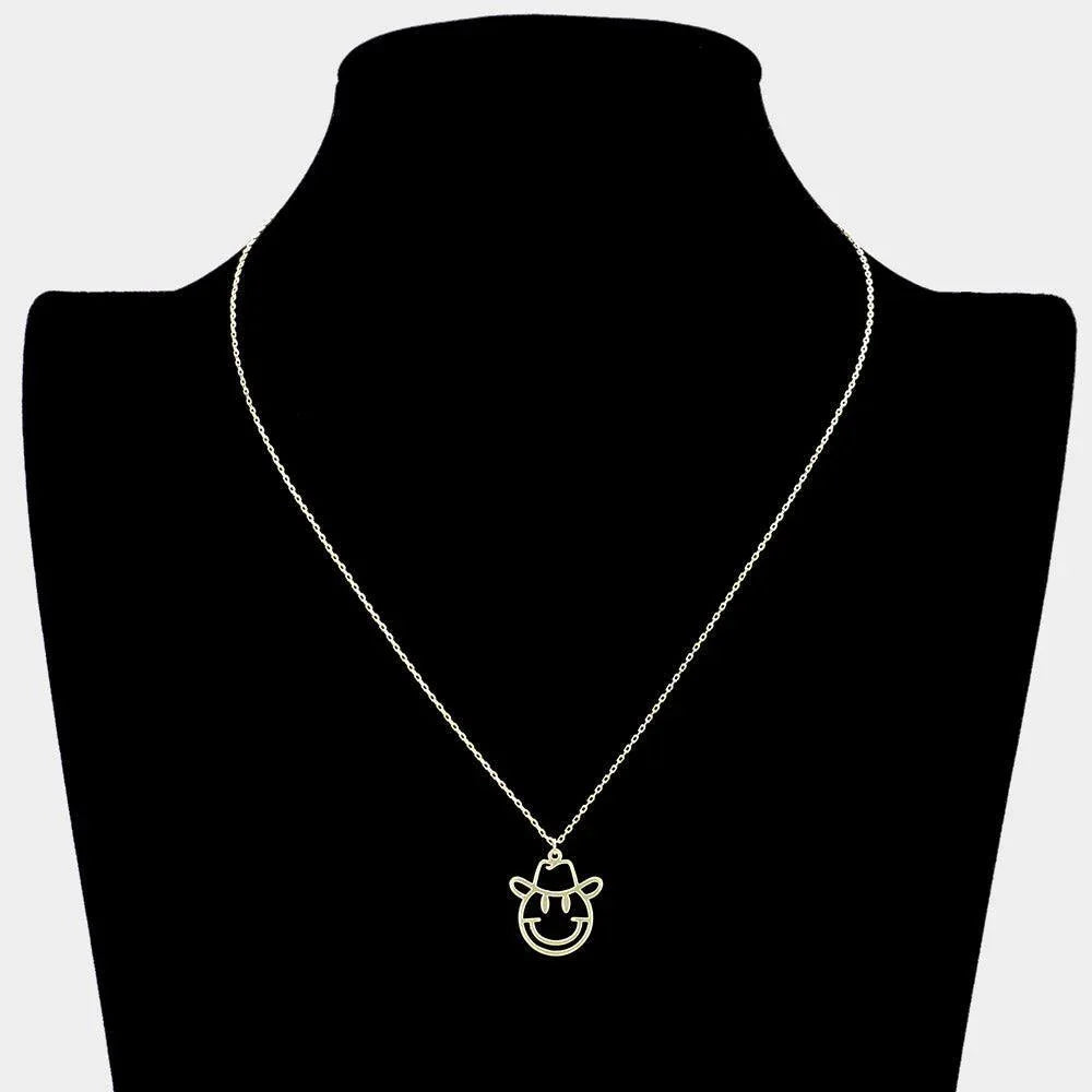 Gold Cut Out Brass Metal Cowboy Hat Smile Pendant Necklace - Jewelry Store by Erik Rayo
