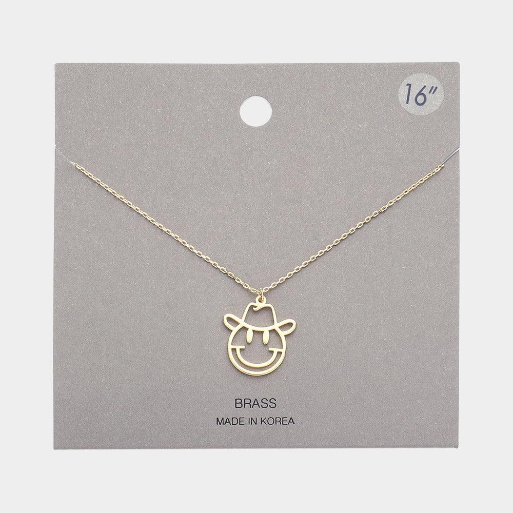 Gold Cut Out Brass Metal Cowboy Hat Smile Pendant Necklace - Jewelry Store by Erik Rayo