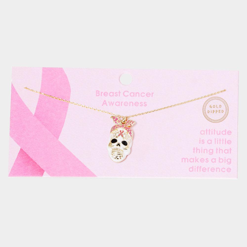 Gold Gold Dipped Enamel Pink Ribbon Skull Pendant Necklace