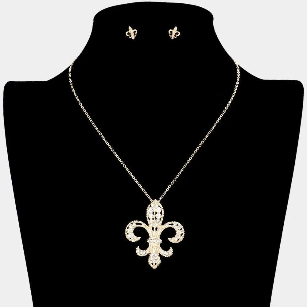 Gold Rhinestone Embellished Fleur de Lis Pendant Necklace - Jewelry Store by Erik Rayo