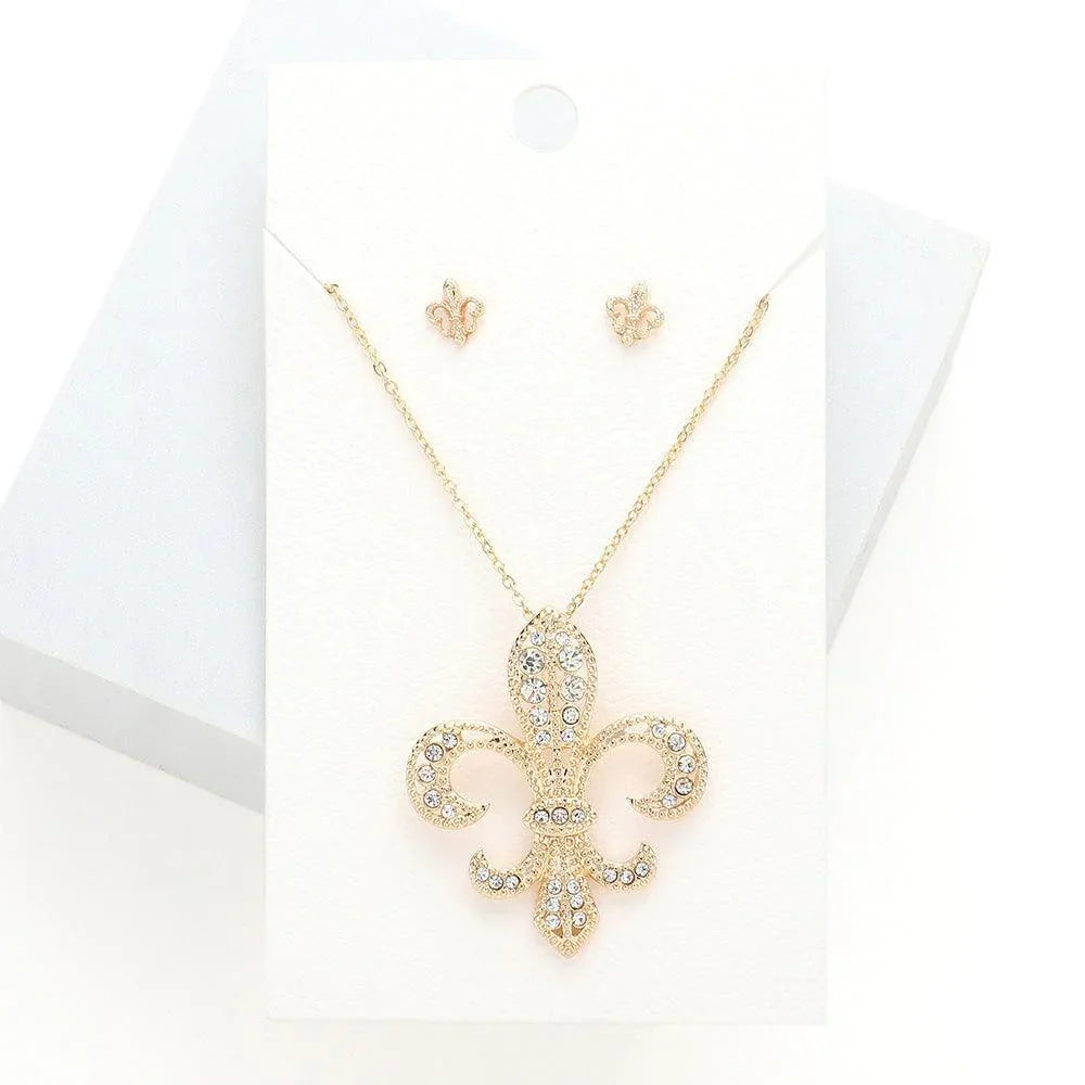 Gold Rhinestone Embellished Fleur de Lis Pendant Necklace - Jewelry Store by Erik Rayo