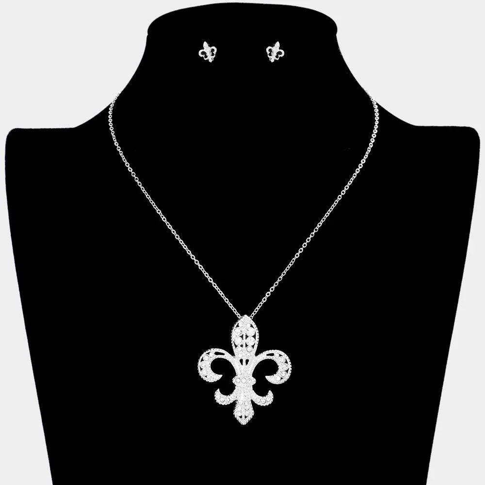 Rhinestone Embellished Fleur de Lis Pendant Necklace - Jewelry Store by Erik Rayo